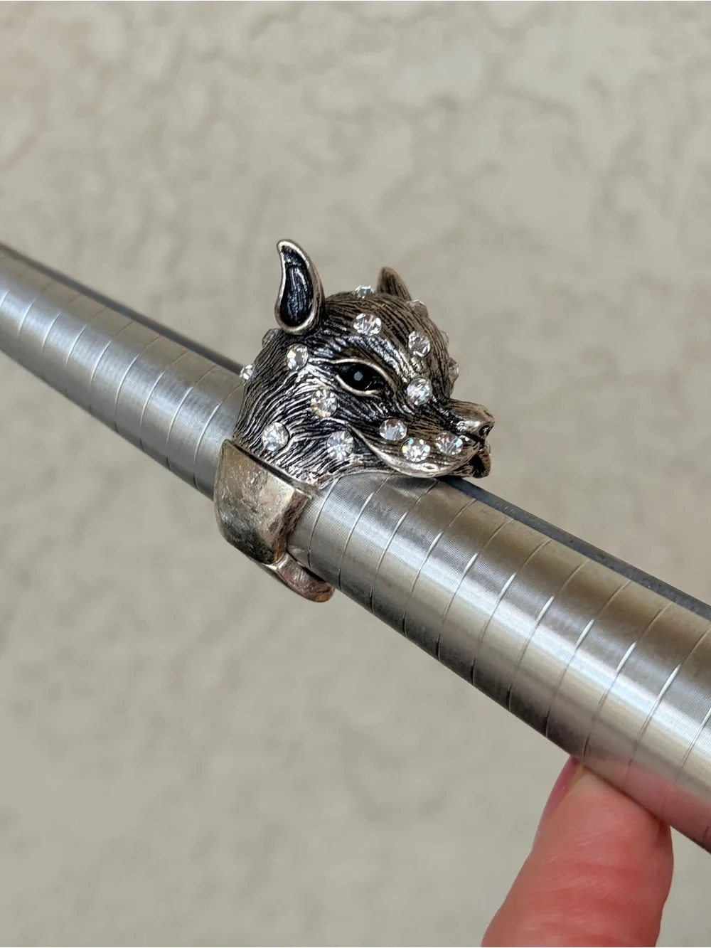 Novelty Silver-tone Dog Head Ring with Clear Rhinestones